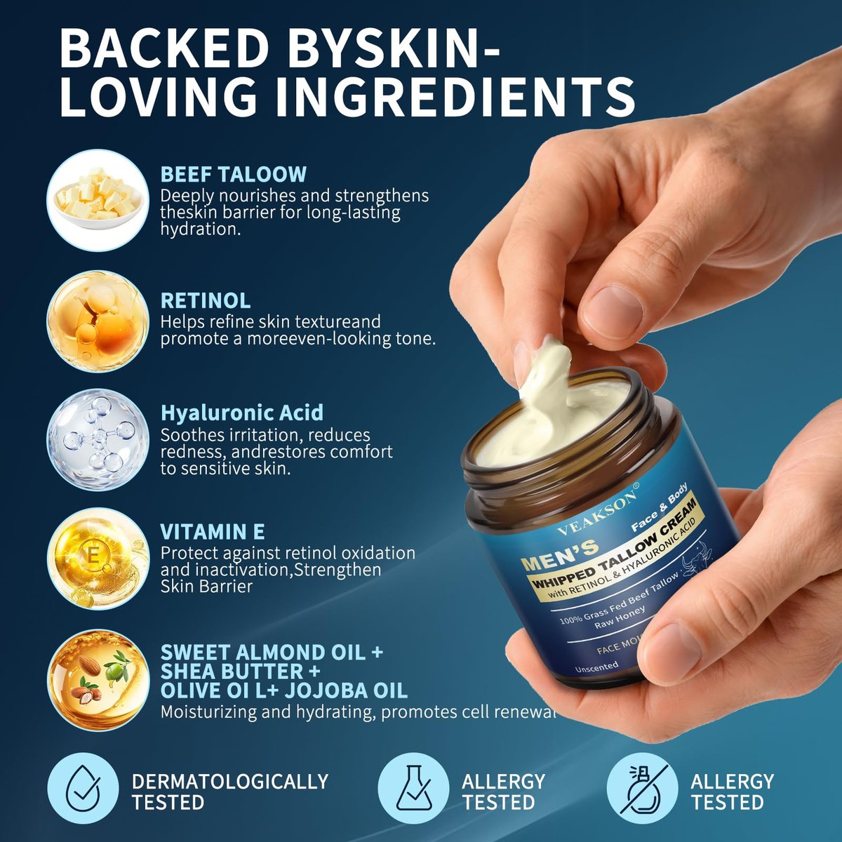 Men's Beef Tallow Moisturizer - Organic Whipped Grass Fed Tallow & Honey Balm with Retinol & Hyaluronic Acid, Anti-Aging Face Cream, Reduces Wrinkles, Unscented, 3.5 oz Avelisse