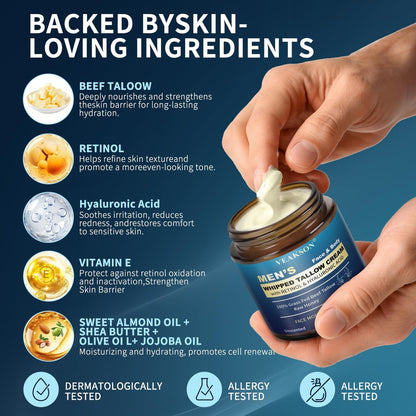 Men's Beef Tallow Moisturizer - Organic Whipped Grass Fed Tallow & Honey Balm with Retinol & Hyaluronic Acid, Anti-Aging Face Cream, Reduces Wrinkles, Unscented, 3.5 oz Avelisse