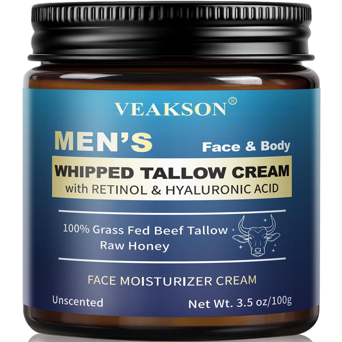 Men's Beef Tallow Moisturizer - Organic Whipped Grass Fed Tallow & Honey Balm with Retinol & Hyaluronic Acid, Anti-Aging Face Cream, Reduces Wrinkles, Unscented, 3.5 oz Avelisse