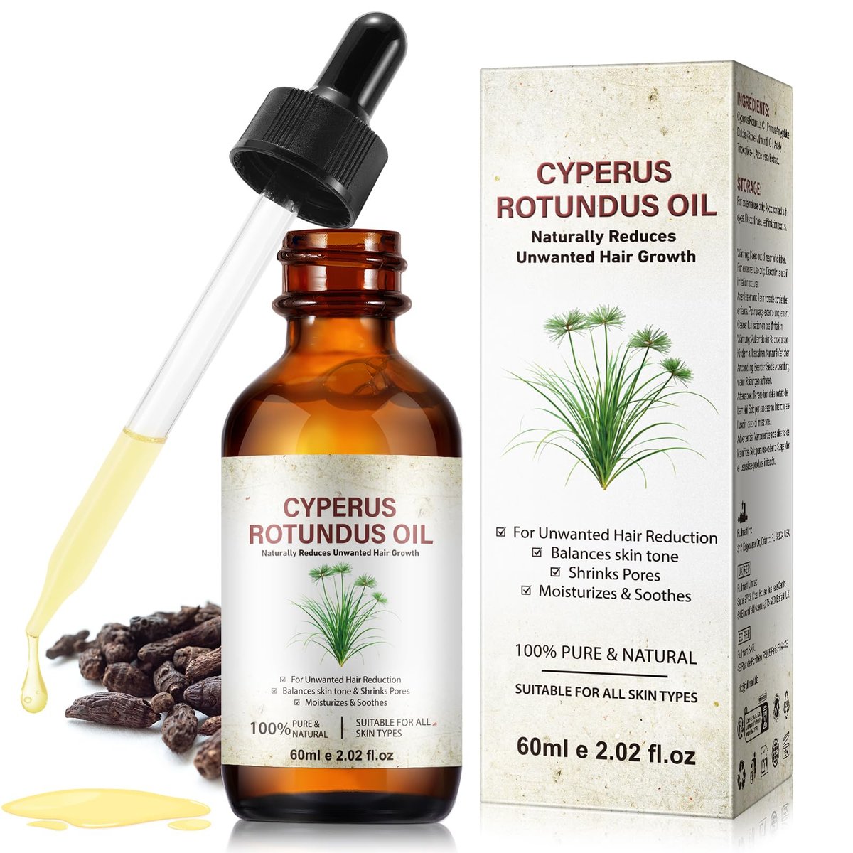 Cyperus Rotundus Oil for Hair Removal – Natural Body Hair Reducer, Pore Minimizer, Moisturizing & Soothing Skin Oil (60ml) - görsel 1