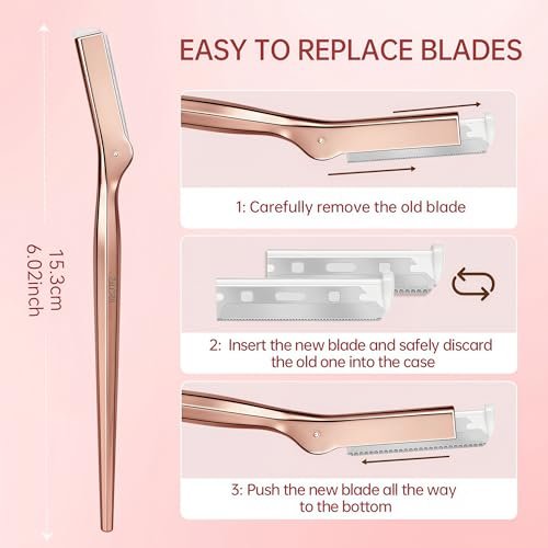ZiLORA Metal Face Razor for Women - Dermaplaning Tool with 16 Replacement Blades (Wide & Micro), Facial Hair Remover & Eyebrow Trimmer, Rose Gold Avelisse