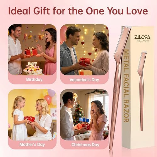 ZiLORA Metal Face Razor for Women - Dermaplaning Tool with 16 Replacement Blades (Wide & Micro), Facial Hair Remover & Eyebrow Trimmer, Rose Gold Avelisse