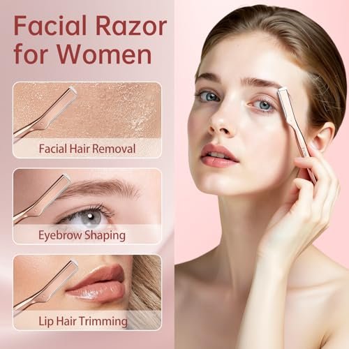 ZiLORA Metal Face Razor for Women - Dermaplaning Tool with 16 Replacement Blades (Wide & Micro), Facial Hair Remover & Eyebrow Trimmer, Rose Gold Avelisse