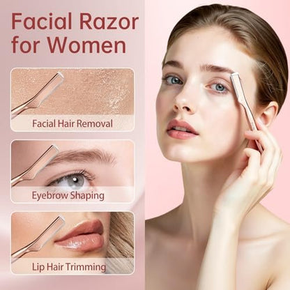 ZiLORA Metal Face Razor for Women - Dermaplaning Tool with 16 Replacement Blades (Wide & Micro), Facial Hair Remover & Eyebrow Trimmer, Rose Gold Avelisse