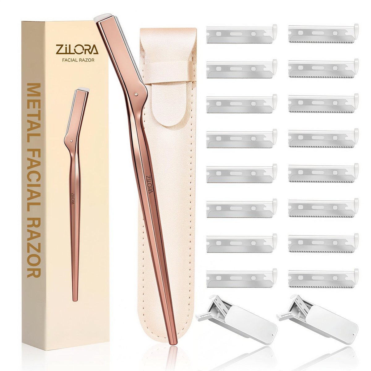 ZiLORA Metal Face Razor for Women - Dermaplaning Tool with 16 Replacement Blades (Wide & Micro), Facial Hair Remover & Eyebrow Trimmer, Rose Gold Avelisse