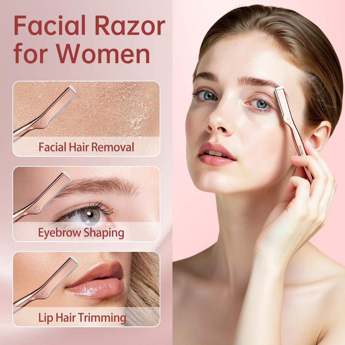 ZiLORA Metal Face Razor for Women - Dermaplaning Tool with 16 Replacement Blades (Wide & Micro), Facial Hair Remover & Eyebrow Trimmer, Rose Gold Avelisse