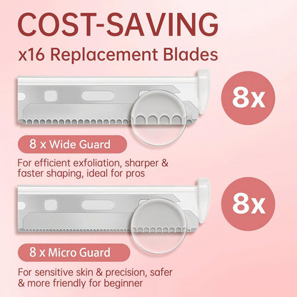 ZiLORA Metal Face Razor for Women - Dermaplaning Tool with 16 Replacement Blades (Wide & Micro), Facial Hair Remover & Eyebrow Trimmer, Rose Gold Avelisse