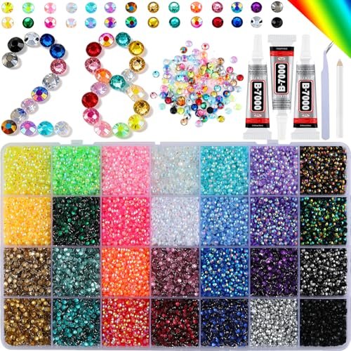 28 Colors Resin Jelly Gems Bedazzling Kit - 3mm Flatback Rhinestone Gems for Nail Art, Crafts, DIY Jewelry, with 3 Bottles B7000 Glue, Heavy Duty Weather Resistant Avelisse