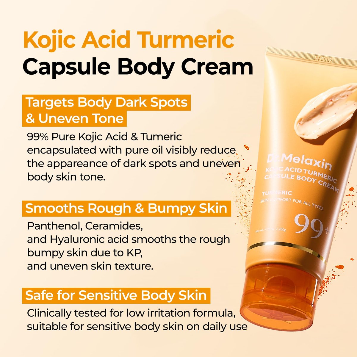 Dr.Melaxin Kojic Acid Turmeric Body Cream with Ceramides – Brightening Body Moisturizer for Dark Spots & Uneven Tone, Panthenol & Hyaluronic Acid for Deep Hydration, 7.05 oz Avelisse