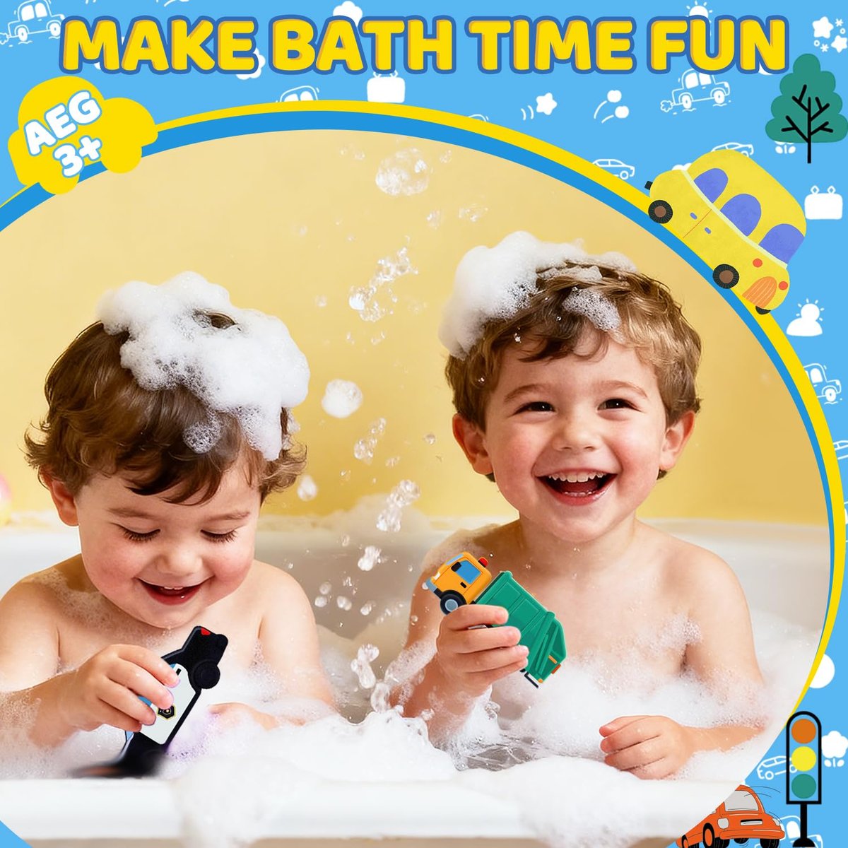 Handcrafted Car Bath Bombs for Kids - 6 Pack Natural Organic Bubble Bath Toys (Excavator, Police Car, School Bus, Fire Truck) Avelisse