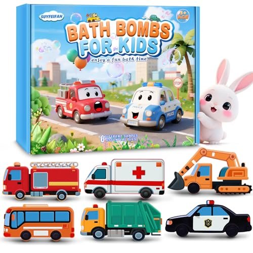 Handcrafted Car Bath Bombs for Kids - 6 Pack Natural Organic Bubble Bath Toys (Excavator, Police Car, School Bus, Fire Truck) Avelisse
