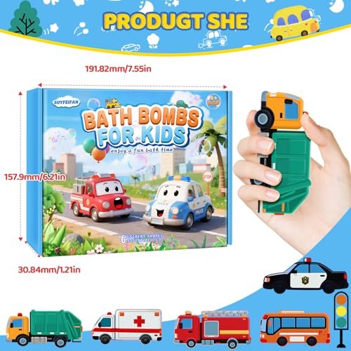Handcrafted Car Bath Bombs for Kids - 6 Pack Natural Organic Bubble Bath Toys (Excavator, Police Car, School Bus, Fire Truck) Avelisse