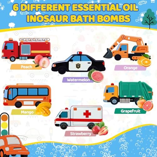 Handcrafted Car Bath Bombs for Kids - 6 Pack Natural Organic Bubble Bath Toys (Excavator, Police Car, School Bus, Fire Truck) Avelisse