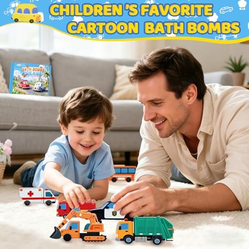 Handcrafted Car Bath Bombs for Kids - 6 Pack Natural Organic Bubble Bath Toys (Excavator, Police Car, School Bus, Fire Truck) Avelisse