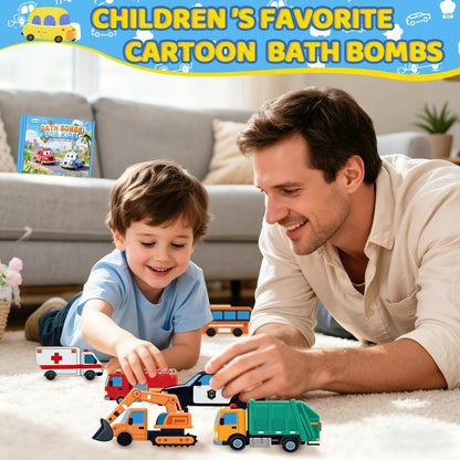 Handcrafted Car Bath Bombs for Kids - 6 Pack Natural Organic Bubble Bath Toys (Excavator, Police Car, School Bus, Fire Truck) Avelisse