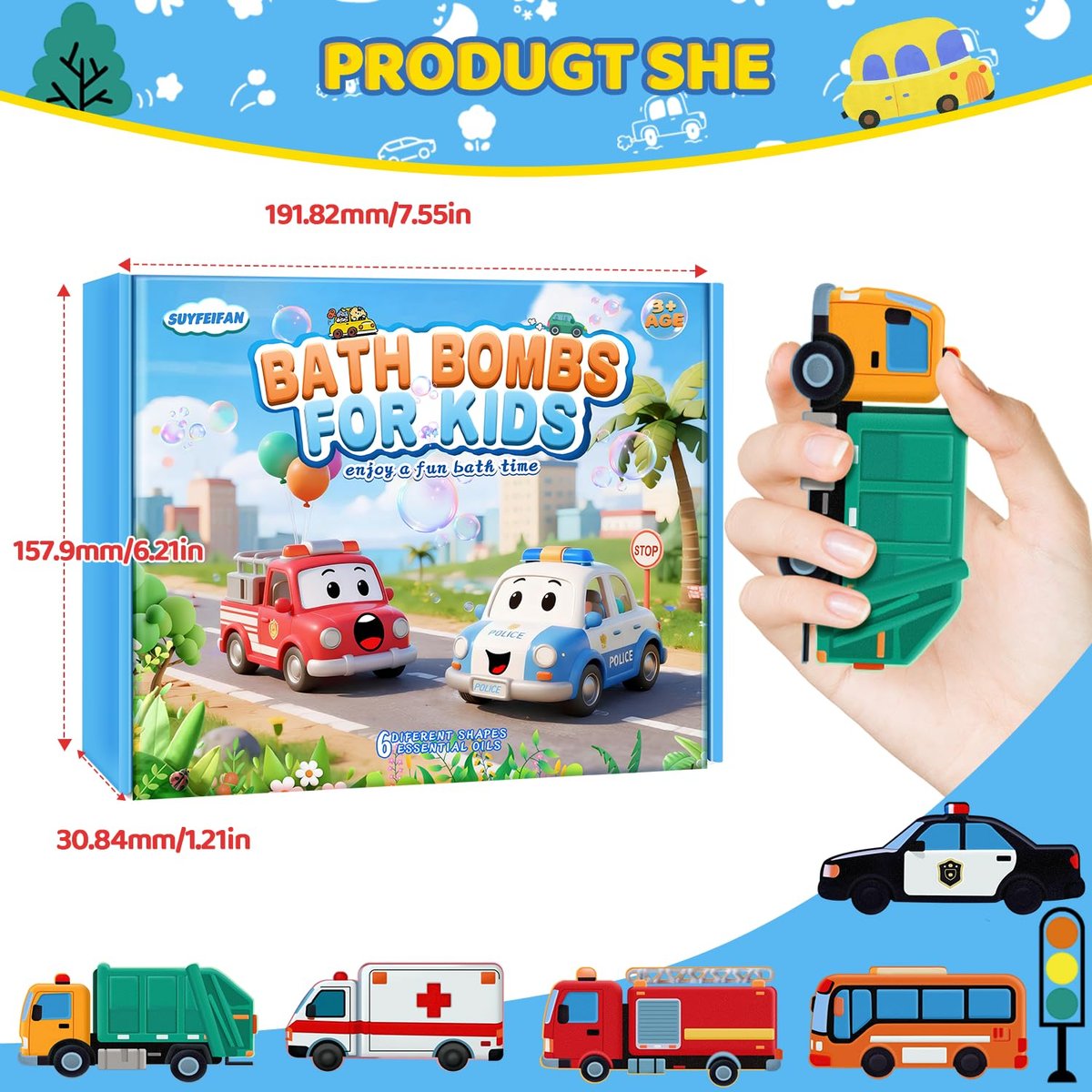 Handcrafted Car Bath Bombs for Kids - 6 Pack Natural Organic Bubble Bath Toys (Excavator, Police Car, School Bus, Fire Truck) Avelisse