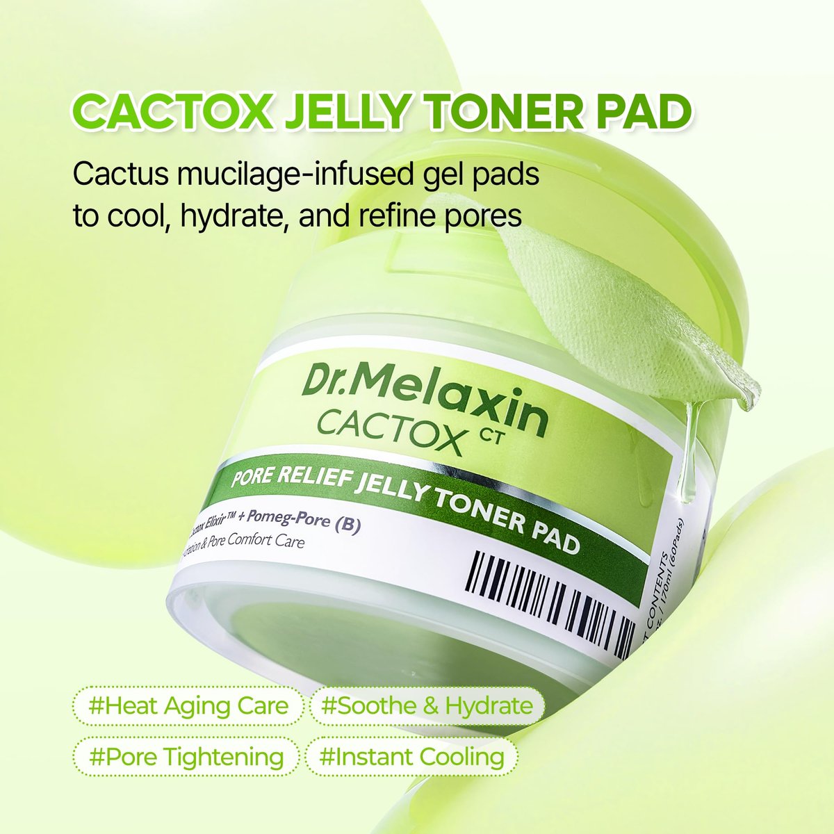 Dr.Melaxin Cactox Pore Relief Jelly Toner Pads – Cooling & De-Puffing Exfoliating Toner Pads for Enlarged Pores & Puffy Skin, Hydrating Korean Toner Pads with Cactus Extract & PHA, 60 Pads (170ml) Avelisse
