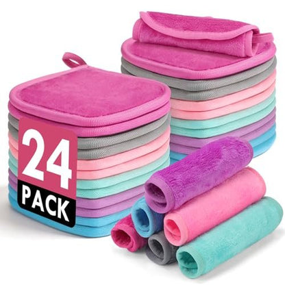NEOACT Reusable Makeup Remover Cloths 24 Pack - Super Soft Microfiber Face Towels for All Skin Types, 6.5"x6.5" Portable Cleansing Cloths Remove Makeup with Just Water