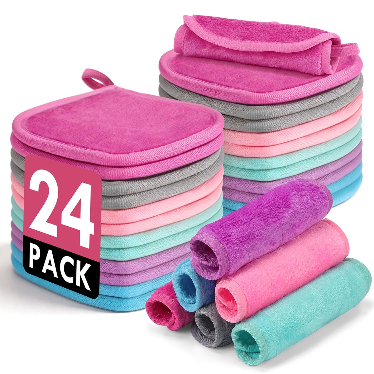 NEOACT Reusable Makeup Remover Cloths 24 Pack - Super Soft Microfiber Face Towels for All Skin Types, 6.5"x6.5" Portable Cleansing Cloths Remove Makeup with Just Water - görsel 1