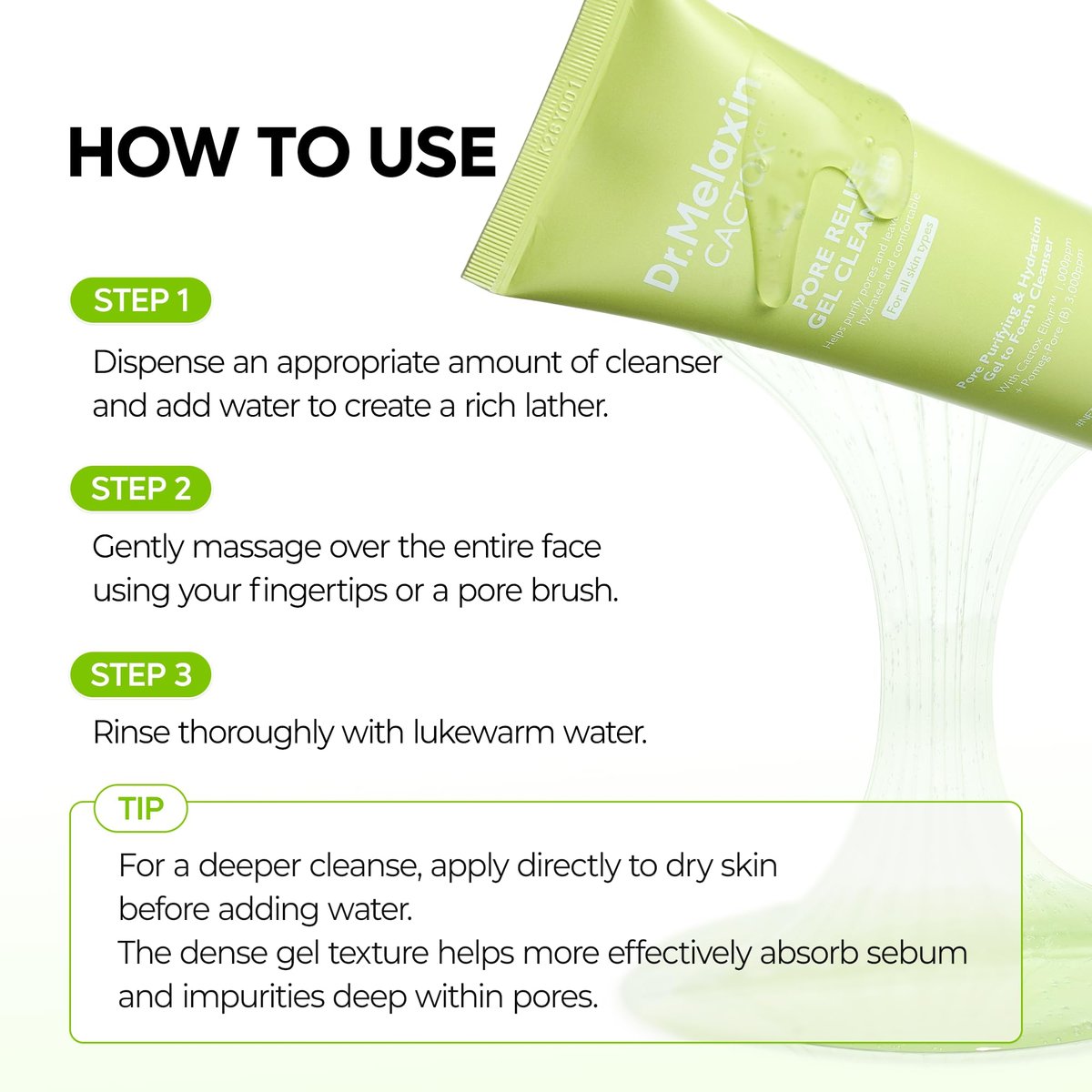 Dr.Melaxin Cactox Pore Relief Gel Cleanser - Hydrating Gel-to-Foam Facial Cleanser for Pore Cleansing and Enlarged-Looking Pores, 120ml Avelisse