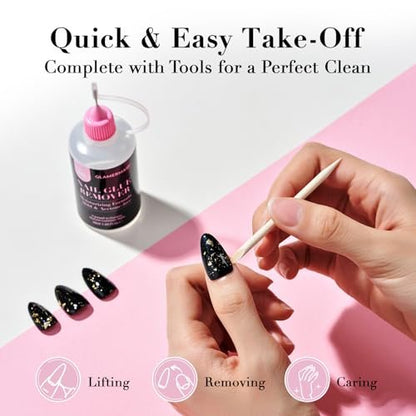 GLAMERMAID 50 ml Pinpoint Nail Glue Remover for Press on Nails – Non-Acetone Gentle Remover with 3 Orangewood Sticks