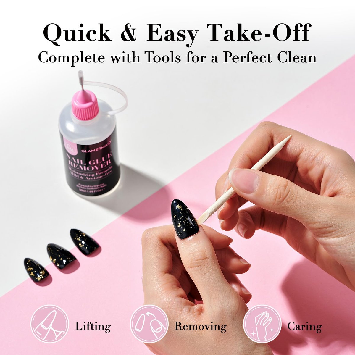 GLAMERMAID 50 ml Pinpoint Nail Glue Remover for Press on Nails – Non-Acetone Gentle Remover with 3 Orangewood Sticks - görsel 5