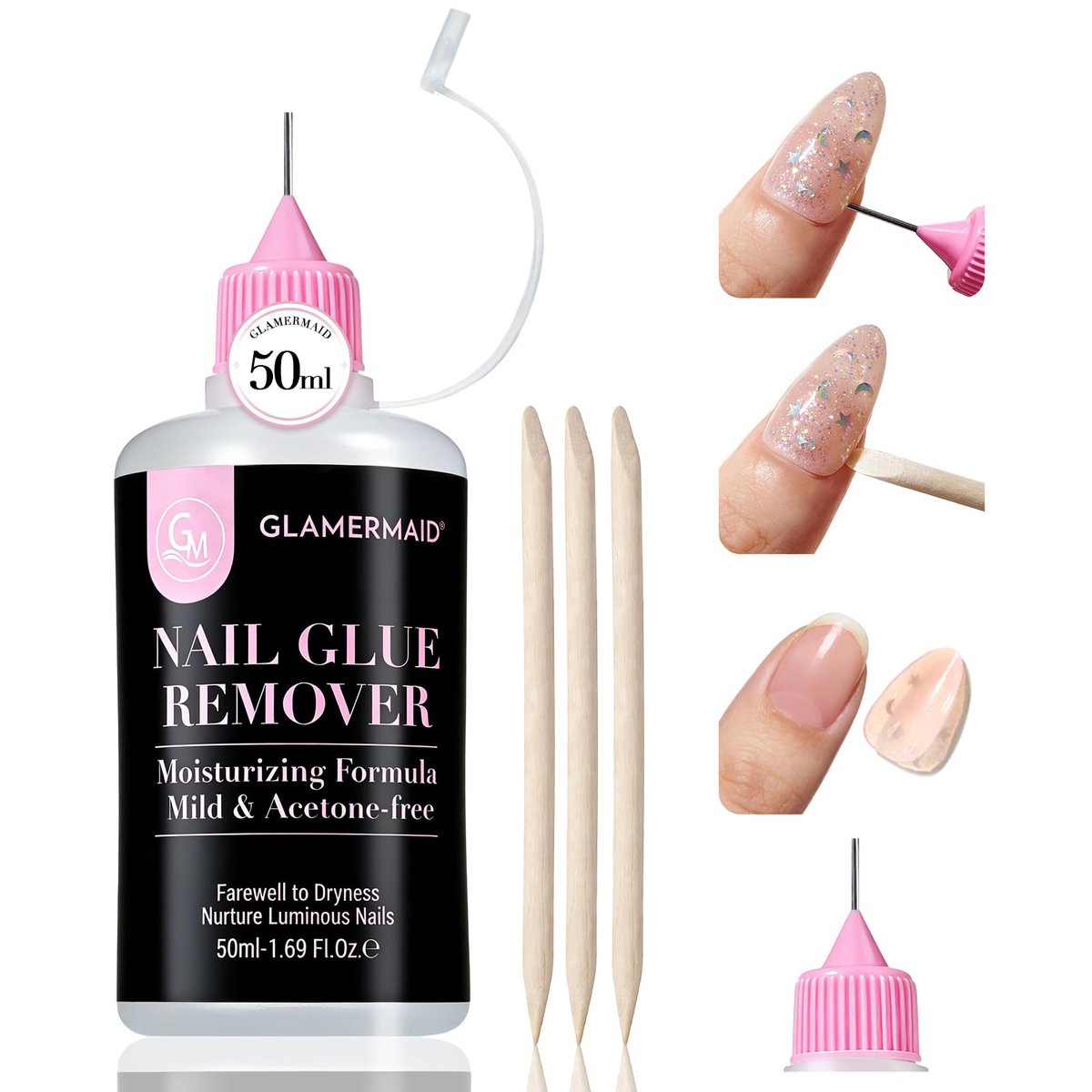 GLAMERMAID 50 ml Pinpoint Nail Glue Remover for Press on Nails – Non-Acetone Gentle Remover with 3 Orangewood Sticks - görsel 1
