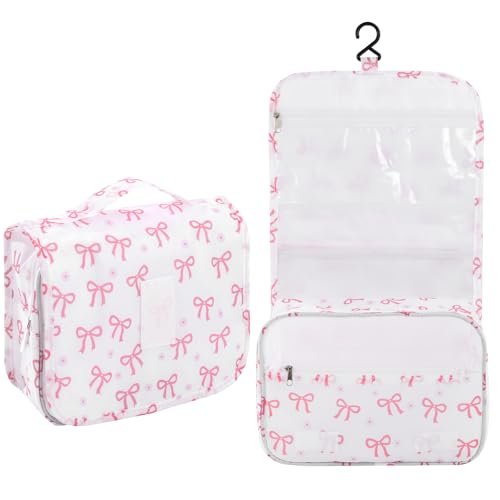 Pengxiaomei Hanging Toiletry Bag - Pink Bow Waterproof Cosmetic Pouch for Travel, Kids, Teens, Girls - Portable Makeup Wash Bag with Handle - görsel 2