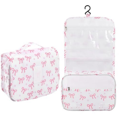 Pengxiaomei Hanging Toiletry Bag - Pink Bow Waterproof Cosmetic Pouch for Travel, Kids, Teens, Girls - Portable Makeup Wash Bag with Handle