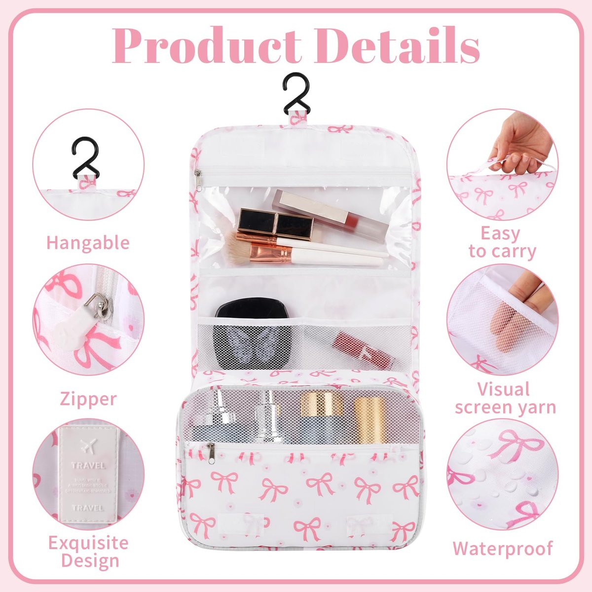 Pengxiaomei Hanging Toiletry Bag - Pink Bow Waterproof Cosmetic Pouch for Travel, Kids, Teens, Girls - Portable Makeup Wash Bag with Handle - görsel 5