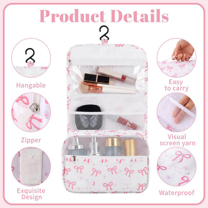 Pengxiaomei Hanging Toiletry Bag - Pink Bow Waterproof Cosmetic Pouch for Travel, Kids, Teens, Girls - Portable Makeup Wash Bag with Handle