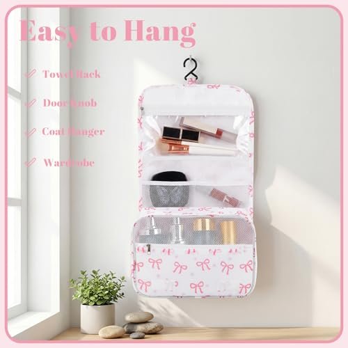 Pengxiaomei Hanging Toiletry Bag - Pink Bow Waterproof Cosmetic Pouch for Travel, Kids, Teens, Girls - Portable Makeup Wash Bag with Handle - görsel 8