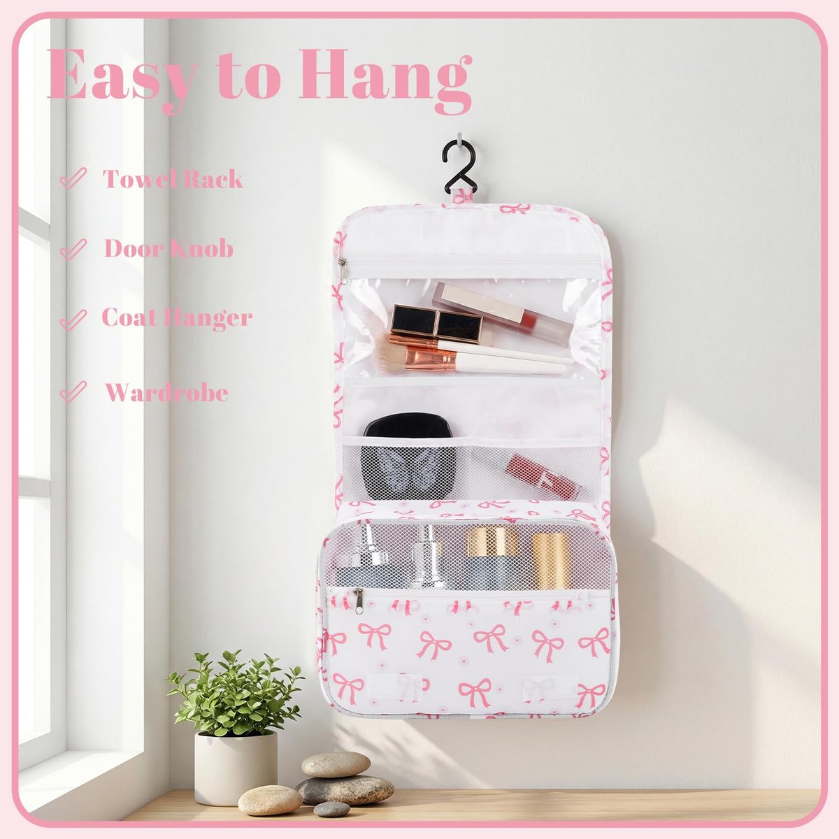 Pengxiaomei Hanging Toiletry Bag - Pink Bow Waterproof Cosmetic Pouch for Travel, Kids, Teens, Girls - Portable Makeup Wash Bag with Handle - görsel 7