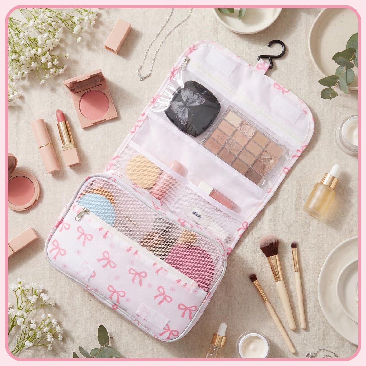 Pengxiaomei Hanging Toiletry Bag - Pink Bow Waterproof Cosmetic Pouch for Travel, Kids, Teens, Girls - Portable Makeup Wash Bag with Handle - görsel 9