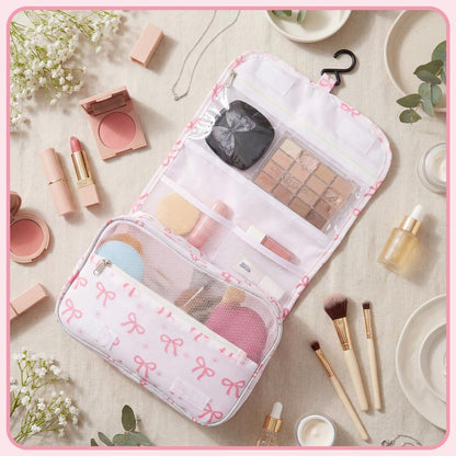 Pengxiaomei Hanging Toiletry Bag - Pink Bow Waterproof Cosmetic Pouch for Travel, Kids, Teens, Girls - Portable Makeup Wash Bag with Handle