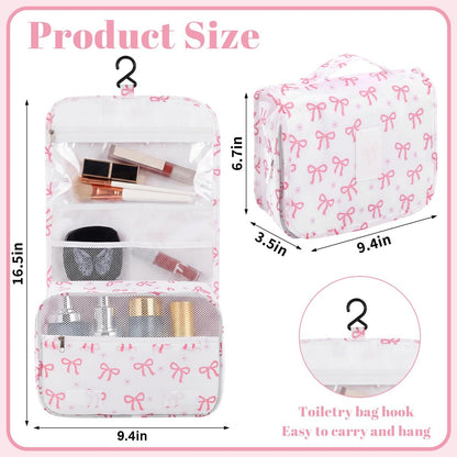 Pengxiaomei Hanging Toiletry Bag - Pink Bow Waterproof Cosmetic Pouch for Travel, Kids, Teens, Girls - Portable Makeup Wash Bag with Handle