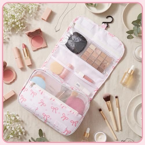 Pengxiaomei Hanging Toiletry Bag - Pink Bow Waterproof Cosmetic Pouch for Travel, Kids, Teens, Girls - Portable Makeup Wash Bag with Handle - görsel 10