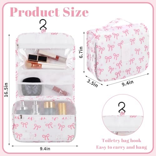 Pengxiaomei Hanging Toiletry Bag - Pink Bow Waterproof Cosmetic Pouch for Travel, Kids, Teens, Girls - Portable Makeup Wash Bag with Handle - görsel 4