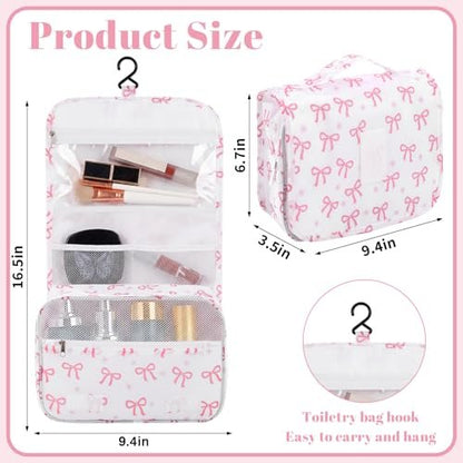Pengxiaomei Hanging Toiletry Bag - Pink Bow Waterproof Cosmetic Pouch for Travel, Kids, Teens, Girls - Portable Makeup Wash Bag with Handle