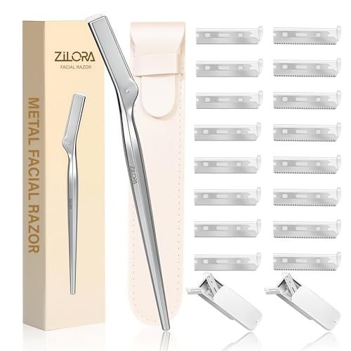 ZiLORA Metal Face Razor for Women – Dermaplaning Tool with 16 Blades (Wide & Micro), Facial Hair Remover & Eyebrow Trimmer, Silver Avelisse
