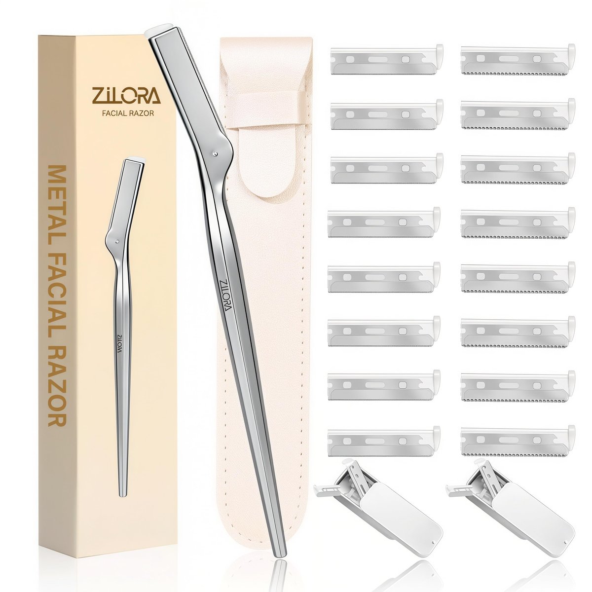 ZiLORA Metal Face Razor for Women – Dermaplaning Tool with 16 Blades (Wide & Micro), Facial Hair Remover & Eyebrow Trimmer, Silver Avelisse