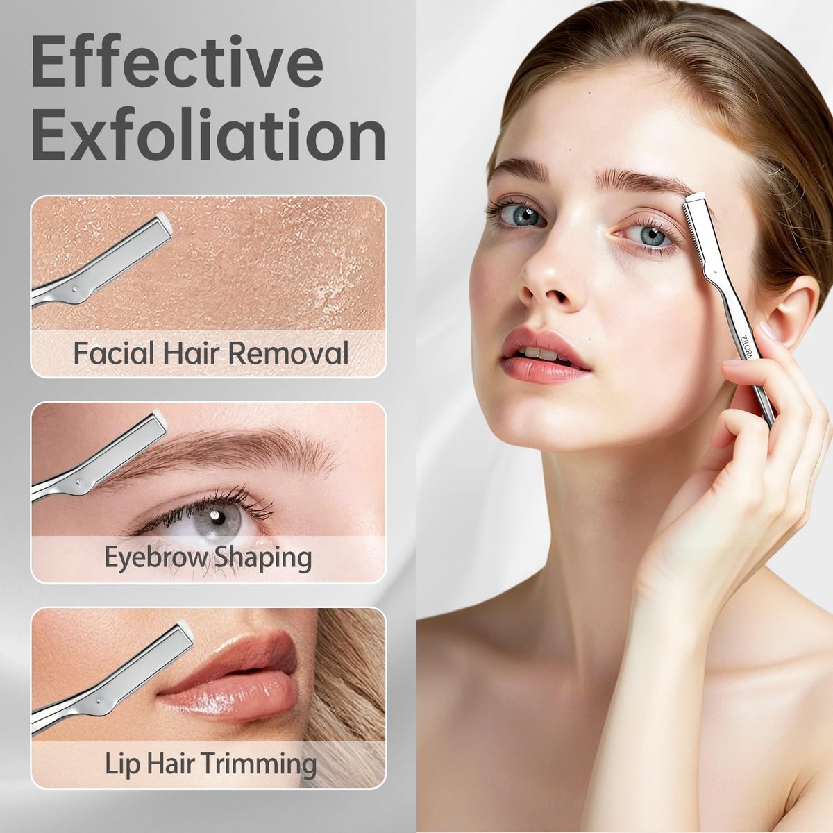 ZiLORA Metal Face Razor for Women – Dermaplaning Tool with 16 Blades (Wide & Micro), Facial Hair Remover & Eyebrow Trimmer, Silver Avelisse