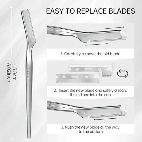 ZiLORA Metal Face Razor for Women – Dermaplaning Tool with 16 Blades (Wide & Micro), Facial Hair Remover & Eyebrow Trimmer, Silver Avelisse