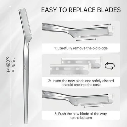 ZiLORA Metal Face Razor for Women – Dermaplaning Tool with 16 Blades (Wide & Micro), Facial Hair Remover & Eyebrow Trimmer, Silver Avelisse