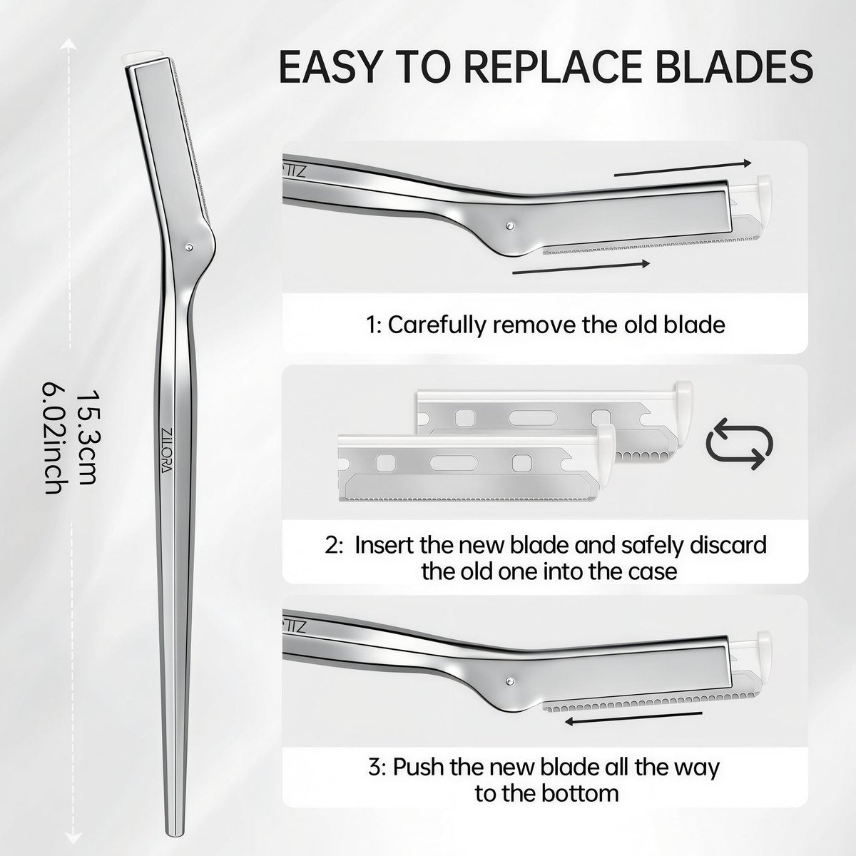 ZiLORA Metal Face Razor for Women – Dermaplaning Tool with 16 Blades (Wide & Micro), Facial Hair Remover & Eyebrow Trimmer, Silver Avelisse