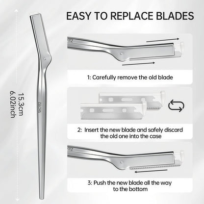 ZiLORA Metal Face Razor for Women – Dermaplaning Tool with 16 Blades (Wide & Micro), Facial Hair Remover & Eyebrow Trimmer, Silver Avelisse