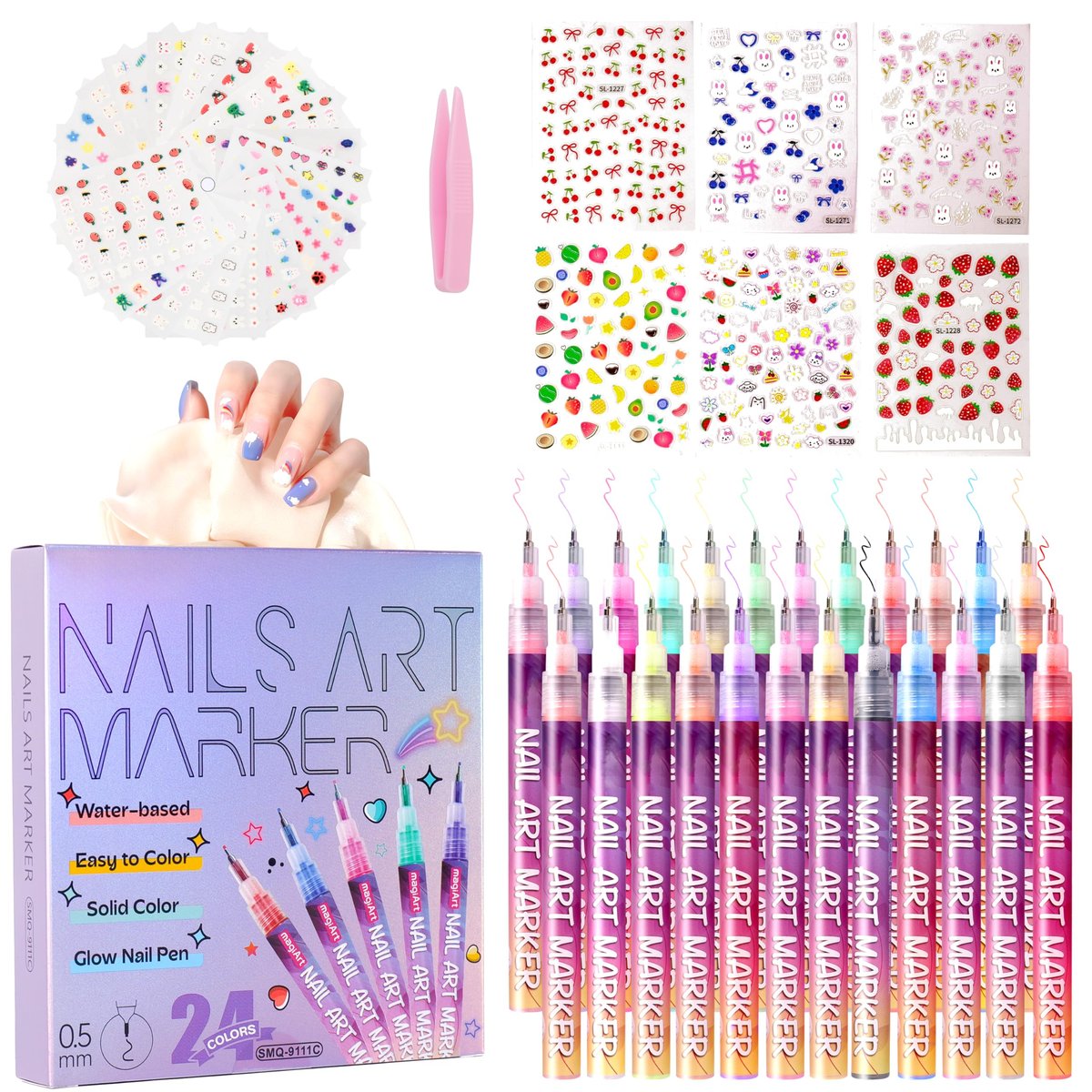Pintada 24 Color 0.5mm Fine Tip Nail Art Pen Set - Non-Toxic, Quick-Drying Nail Art Markers with 26 Nail Stickers, Leak-Proof Design for DIY Nail Art, Greeting Cards, Object Painting & Holiday Doodling Avelisse