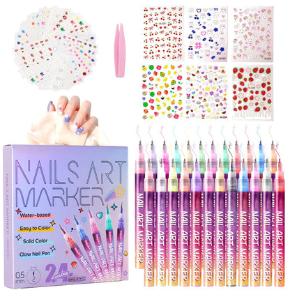 Pintada 24 Color 0.5mm Fine Tip Nail Art Pen Set - Non-Toxic, Quick-Drying Nail Art Markers with 26 Nail Stickers, Leak-Proof Design for DIY Nail Art, Greeting Cards, Object Painting & Holiday Doodling Avelisse