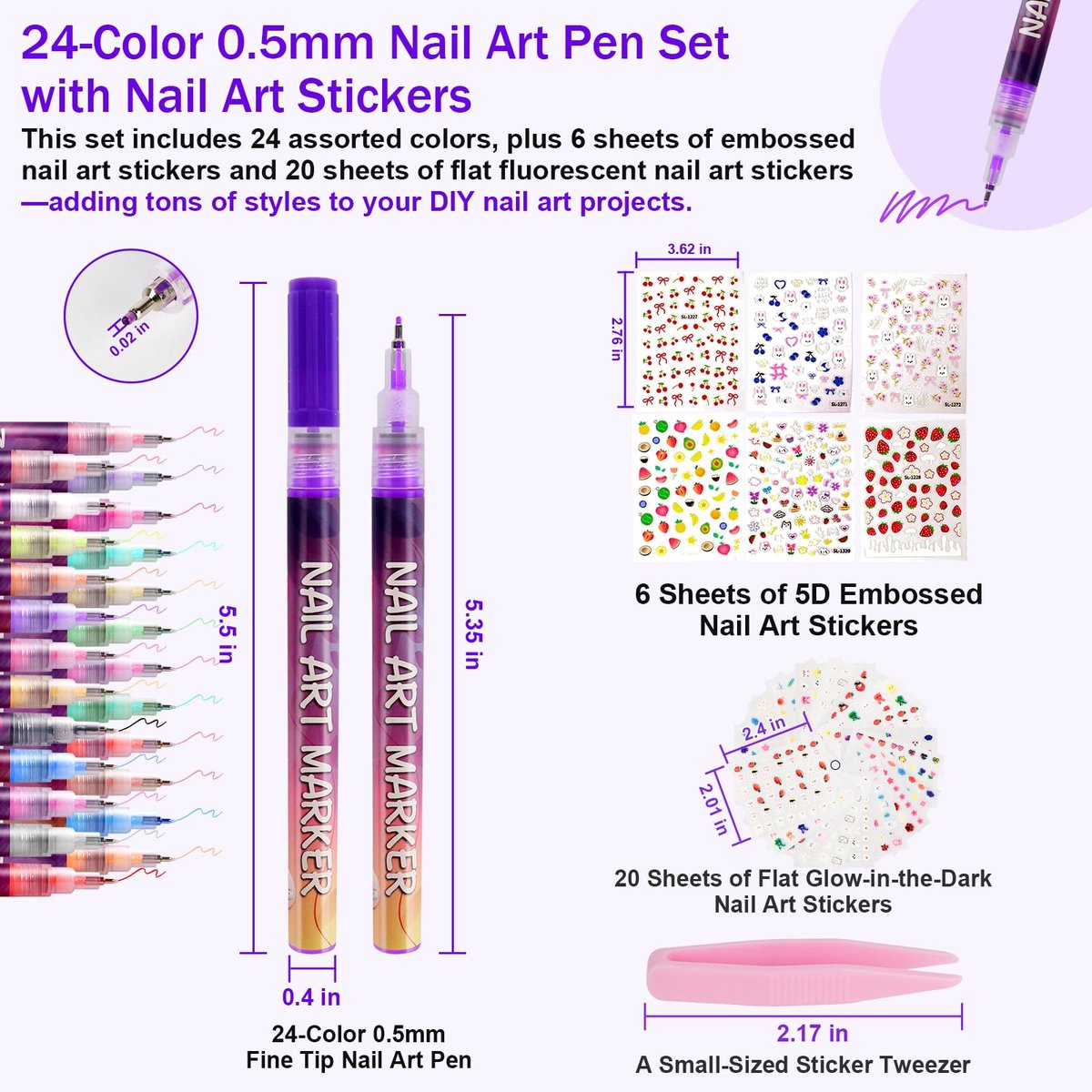 Pintada 24 Color 0.5mm Fine Tip Nail Art Pen Set - Non-Toxic, Quick-Drying Nail Art Markers with 26 Nail Stickers, Leak-Proof Design for DIY Nail Art, Greeting Cards, Object Painting & Holiday Doodling Avelisse