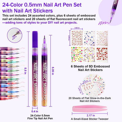 Pintada 24 Color 0.5mm Fine Tip Nail Art Pen Set - Non-Toxic, Quick-Drying Nail Art Markers with 26 Nail Stickers, Leak-Proof Design for DIY Nail Art, Greeting Cards, Object Painting & Holiday Doodling Avelisse